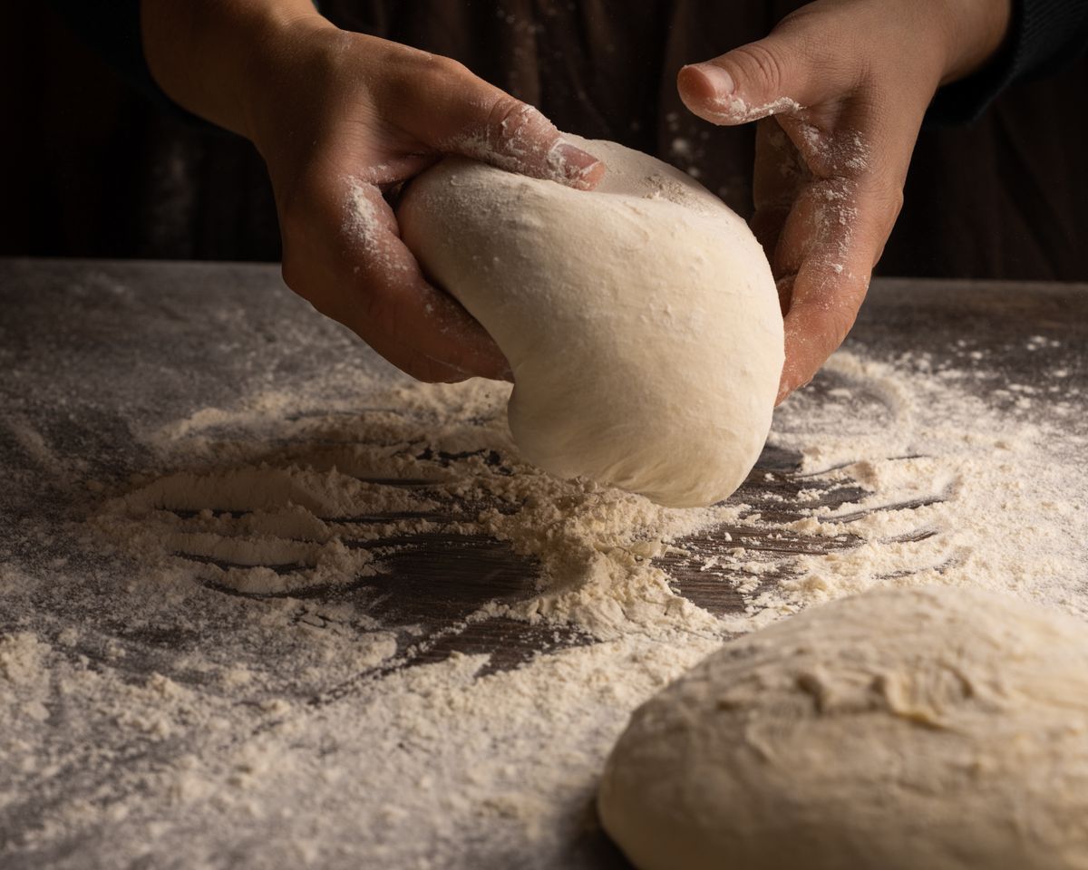 Hands pressing into bread dough on a floured surface