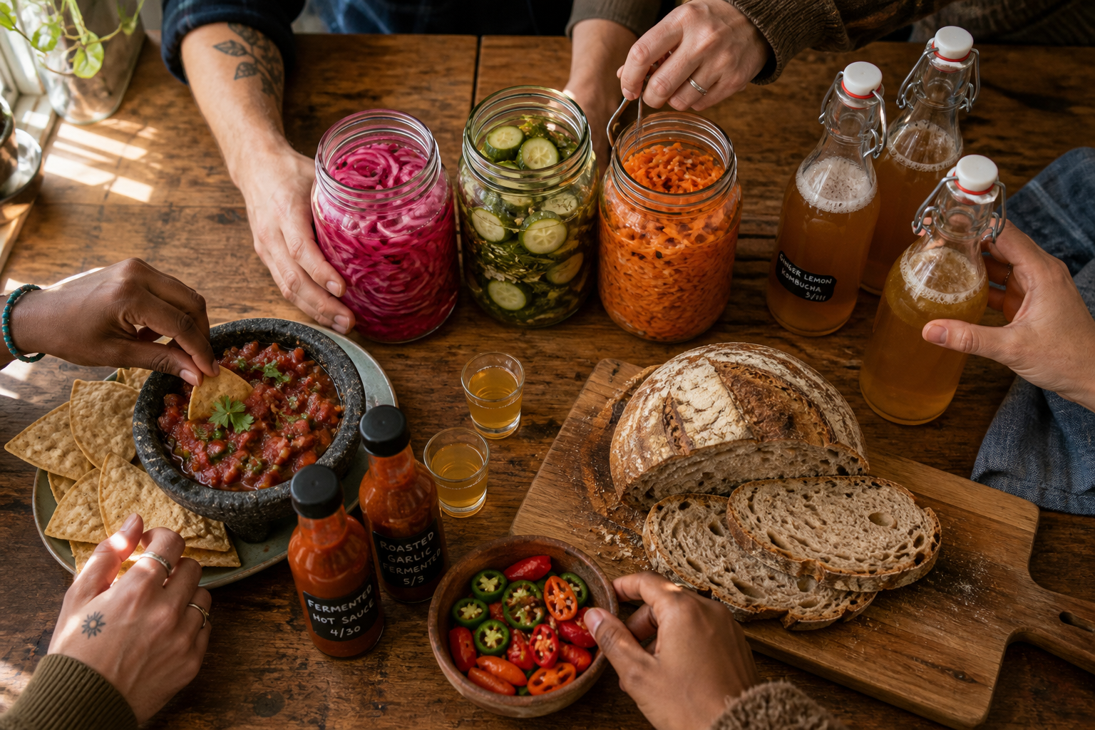 Overhead view of hands reaching for fermented jars, sourdough bread, salsa, and kombucha bottles on a rustic wooden table
