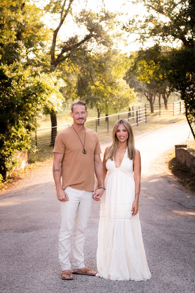 Kevin and Teresa on the ranch road at golden hour