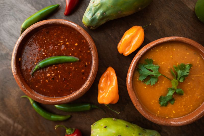 Multiple small bowls of different colored salsas: red tomato, green tomatillo, bright orange mango habanero, and deep red chipotle